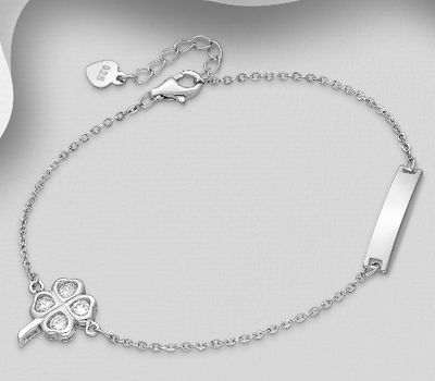 925 Sterling Silver Clover and Engravable Tag Bracelet, Decorated with CZ Simulated Diamonds
