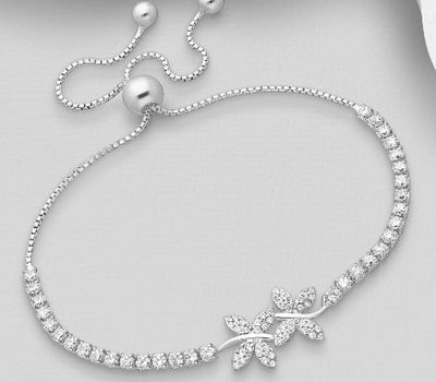 925 Sterling Silver Butterfly Bracelet Decorated with CZ Simulated Diamonds