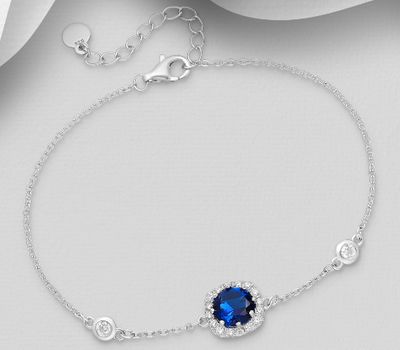 925 Sterling Silver Halo Bracelet, Decorated with Blue and White CZ Simulated Diamonds