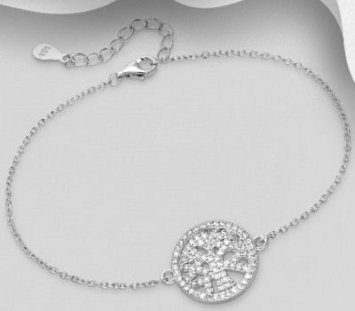 925 Sterling Silver Tree of Life Bracelet, Decorated with CZ Simulated Diamonds