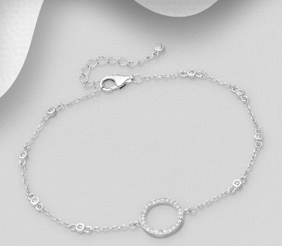 925 Sterling Silver Circle Bracelet, Decorated with CZ Simulated Diamonds