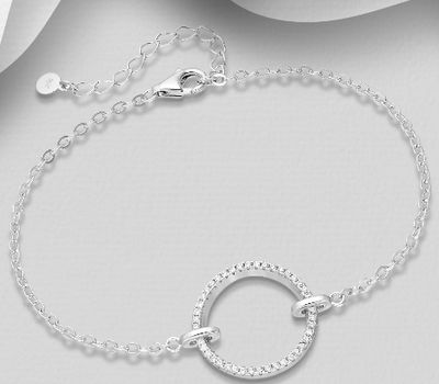 925 Sterling Silver Circle Halo Bracelet, Decorated with CZ Simulated Diamonds