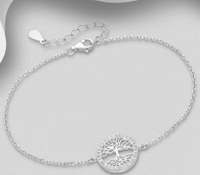 925 Sterling Silver Tree of Life Bracelet, Decorated with CZ Simulated Diamonds