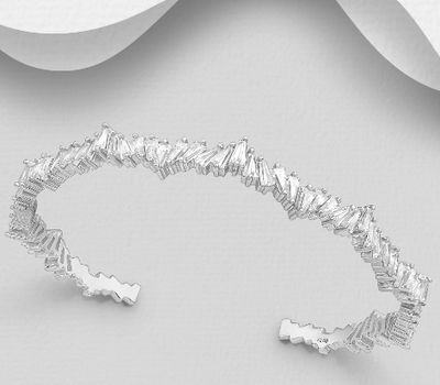 Şəkli böyütmək üçün tiklayın 925 Sterling Silver Cuff Bracelet, Decorated with CZ Simulated Diamonds