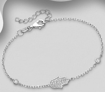 925 Sterling Silver Hamsa Bracelet, Decorated with CZ Simulated Diamonds