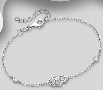 Şəkli böyütmək üçün tiklayın 925 Sterling Silver Hamsa Bracelet, Decorated with CZ Simulated Diamonds