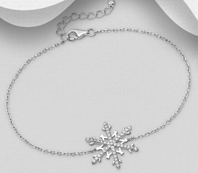 925 Sterling Silver Snowflake Bracelet, Decorated with CZ Simulated Diamonds