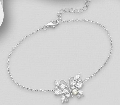 925 Sterling Silver Butterfly, Decorated with CZ Simulated Diamonds and Simulated Pearls