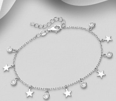 Şəkli böyütmək üçün tiklayın 925 Sterling Silver Star Bracelet, Decorated with CZ Simulated Diamonds