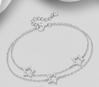 Şəkli böyütmək üçün tiklayın 925 Sterling Silver Star Layered Bracelet, Decorated with CZ Simulated Diamonds