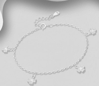 925 Sterling Silver Clover Bracelet, Decorated with CZ Simulated Diamonds