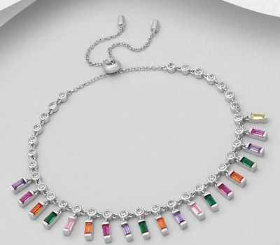 925 Sterling Silver Bracelet Decorated with Colorful CZ Simulated Diamonds, CZ Simulated Diamond Colors may Vary.