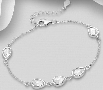 925 Sterling Silver Adjustable Bracelet, Decorated with Droplet-Shape CZ Simulated Diamonds