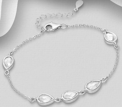 Şəkli böyütmək üçün tiklayın 925 Sterling Silver Adjustable Bracelet, Decorated with Droplet-Shape CZ Simulated Diamonds