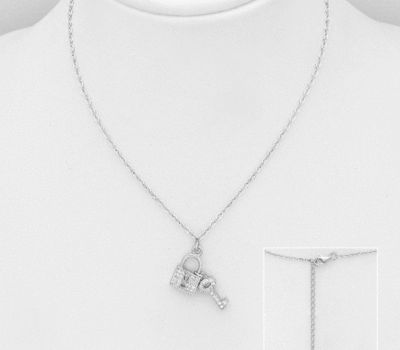 925 Sterling Silver Key and Lock Necklace, Decorated with CZ Simulated Diamonds