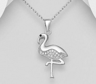 925 Sterling Silver Flamingo Pendant, Decorated with CZ Simulated Diamonds