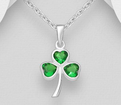 925 Sterling Silver Shamrock Pendant, Decorated with CZ Simulated Diamonds