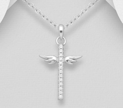 925 Sterling Silver Cross and Wings Pendant, Decorated with CZ Simulated Diamonds