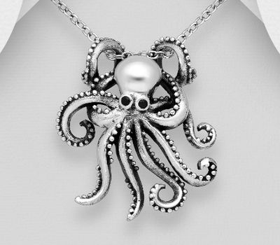 925 Sterling Silver Octopus Pendant Decorated with CZ Simulated Diamonds