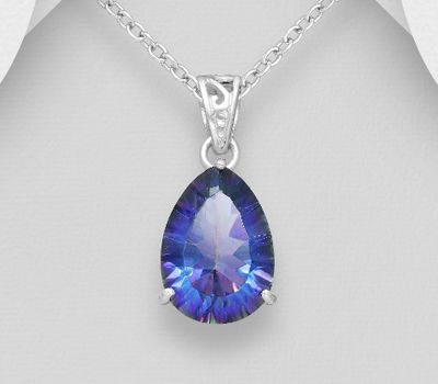 925 Sterling Silver Pear Shape Pendant Decorated with Lab-Created Mystic Topaz