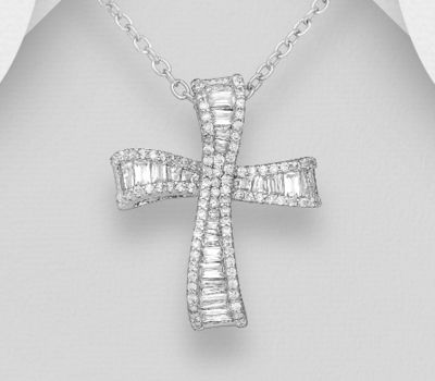 Şəkli böyütmək üçün tiklayın 925 Sterling Silver Cross Pendant, Decorated with CZ Simulated Diamonds
