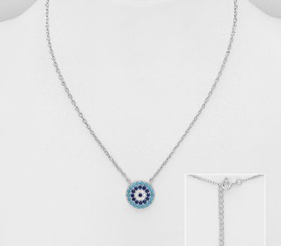 925 Sterling Silver Evil Eye Necklace, Decorated with CZ Simulated Diamonds and Resin