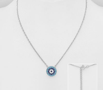 Şəkli böyütmək üçün tiklayın 925 Sterling Silver Evil Eye Necklace, Decorated with CZ Simulated Diamonds and Resin