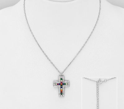 925 Sterling Silver Cross Necklace, Decorated with CZ Simulates Colors may Vary.