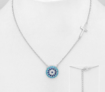 925 Sterling Silver Circle and Cross Necklace Decorated with CZ Simulated Diamonds