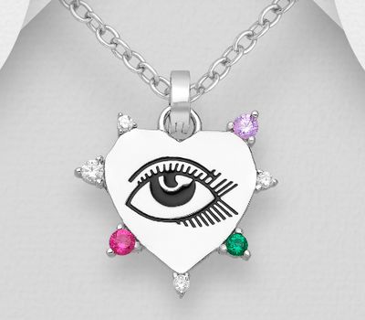 925 Sterling Silver Eye and Heart Pendant, Decorated with Colored Enamel and Colorful CZ Simulated Diamonds, CZ Simulated Diamond Colors may Vary.