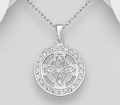 925 Sterling Silver Celtic Trinity And Cross Pendant, Decorated with CZ Simulated Diamonds 