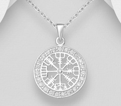 925 Sterling Silver Viking vegvisir amulet Pendant Decorated with CZ Simulated Diamonds