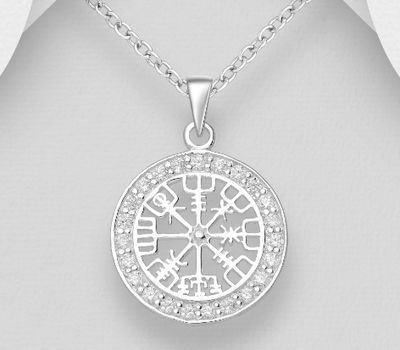 Şəkli böyütmək üçün tiklayın 925 Sterling Silver Viking vegvisir amulet Pendant Decorated with CZ Simulated Diamonds