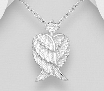 925 Sterling Silver Heart-Wings Pendant, Decorated with CZ Simulated Diamonds