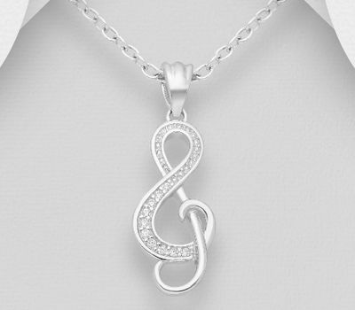 925 Sterling Silver Music Notes Pendant, Decorated with CZ Simulated Diamonds