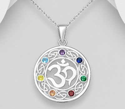 925 Sterling Silver Celtic, Om and Chakra Pendant, Decorated with Colorful CZ Simulated Diamonds