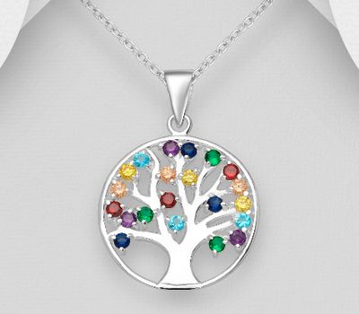925 Sterling Silver Tree of Life Pendant, Decorated with Colorful CZ Simulated Diamonds, CZ Simulated Diamond Colors may Vary.