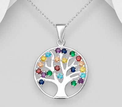 Malın səhifəsinə keç 925 Sterling Silver Tree of Life Pendant, Decorated with Colorful CZ Simulated Diamonds, CZ Simulated Diamond Colors may Vary.