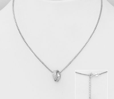 925 Sterling Silver Circle and Links Necklace, Decorated with CZ Simulated Diamonds