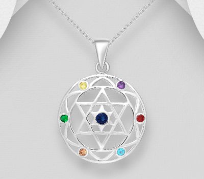 925 Sterling Silver Chakra and Star of David Pendant Decorated with CZ Simulated Diamonds