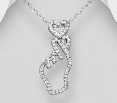 925 Sterling Silver Heart Hand-Sign Pendant, Decorated with CZ Simulated Diamonds