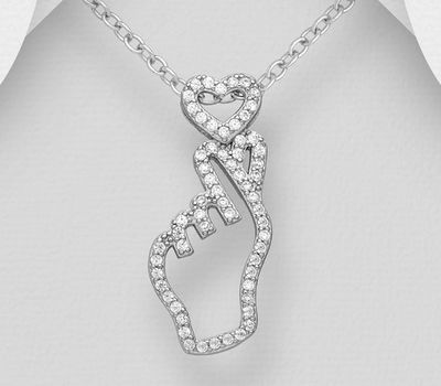 Şəkli böyütmək üçün tiklayın 925 Sterling Silver Heart Hand-Sign Pendant, Decorated with CZ Simulated Diamonds