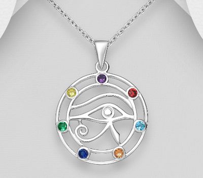 925 Sterling Silver Chakra and The Eye of Horus Pendant, Decorated with Colorful CZ Simulated Diamonds