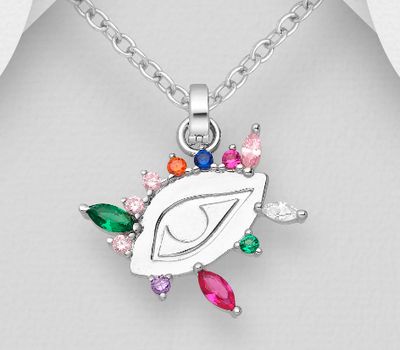 Şəkli böyütmək üçün tiklayın 925 Sterling Silver Eye Pendant, Decorated with Colorful CZ Simulated Diamonds, CZ Simulated Diamond Colors may Vary.