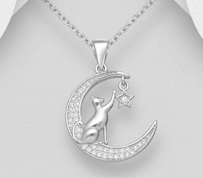 925 Sterling Silver Cat, Moon and Dangling Star Pendant Decorated with CZ Simulated Diamonds