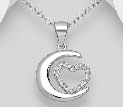 925 Sterling Silver Moon and Heart Pendant, Decorated with CZ Simulated Diamonds