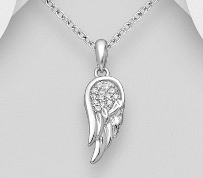 925 Sterling Silver Wing Pendant, Decorated with CZ Simulated Diamonds
