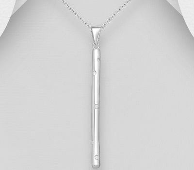 925 Sterling Silver Bar Pendant, Decorated with CZ Simulated Diamonds