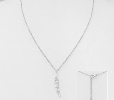925 Sterling Silver Feather Necklace, Decorated with CZ Simulated Diamonds