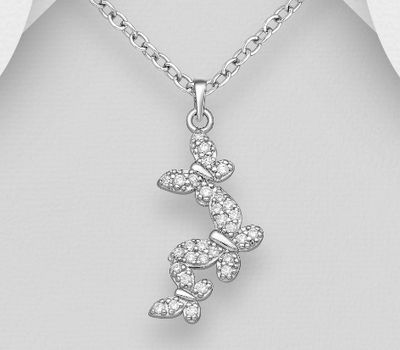 Şəkli böyütmək üçün tiklayın 925 Sterling Silver Butterfly Pendant, Decorated with CZ Simulated Diamonds